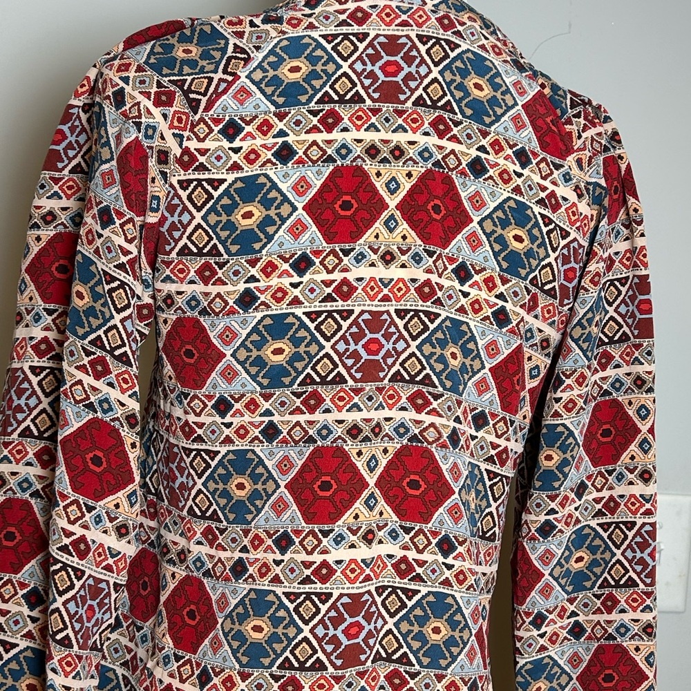 Tucker 100% silk Geometric print blouse XS boho long sleeve USA made - Picture 8 of 13